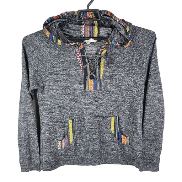 Womens Skönahet Black Native Boho Hoodie Sweatshirt V Neck Tie Long Sleeve XL - Picture 1 of 11